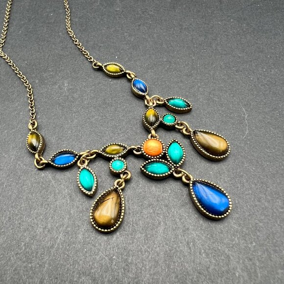 Avon SAQ Necklace Y Drop Bib‎ Blue Green Multishape Stones Brass Tone Chain - Picture 3 of 7